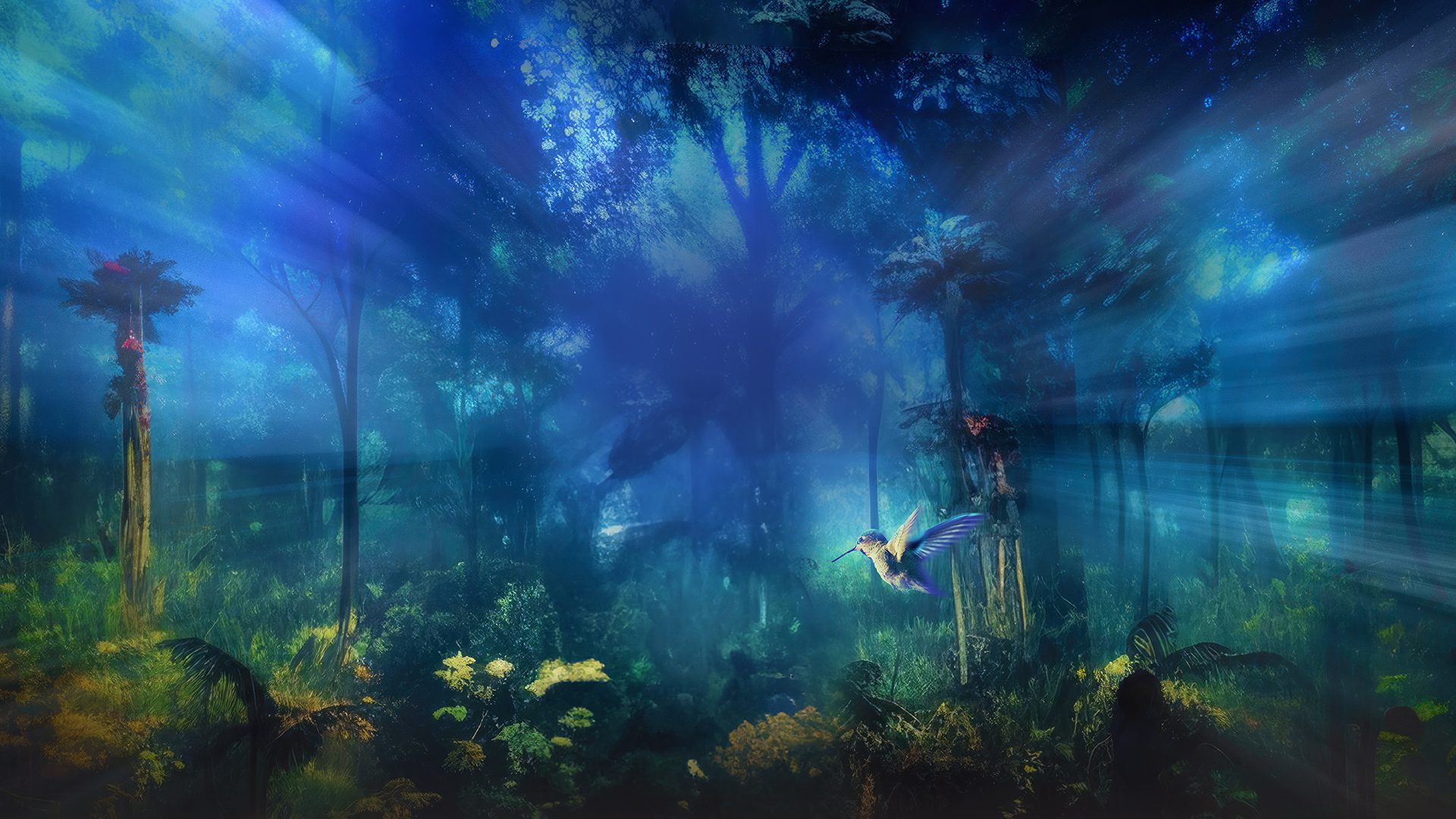 Nature Vive Oasis immersion - Forêt enchantée éclairée de bleu avec un colibri en vol, ambiance mystique.