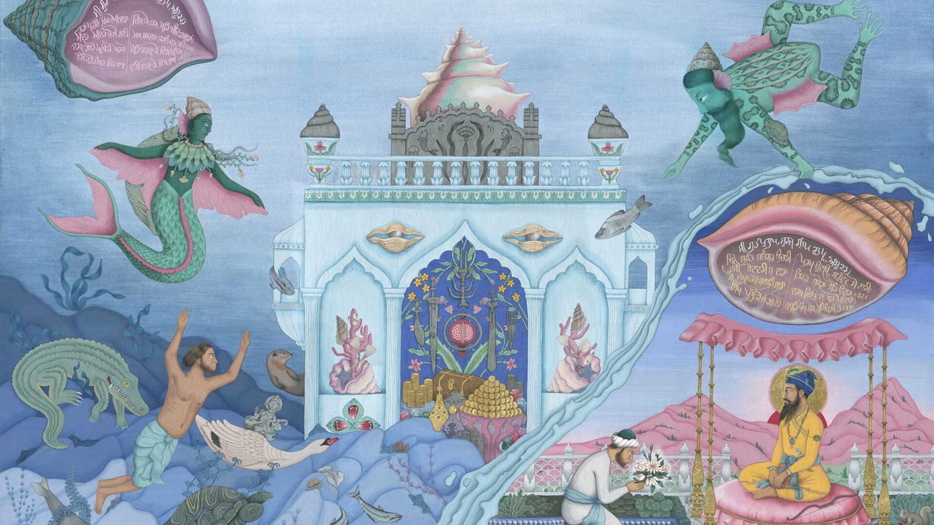 Œuvre onirique de Keerat Kaur mêlant personnages mythiques, créatures marines et architecture dans un univers aux teintes pastel.